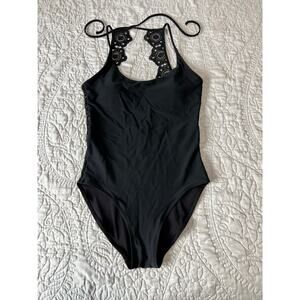 Aerie Black Crochet Lace Open Back One Piece Swimsuit Women’s Size Small